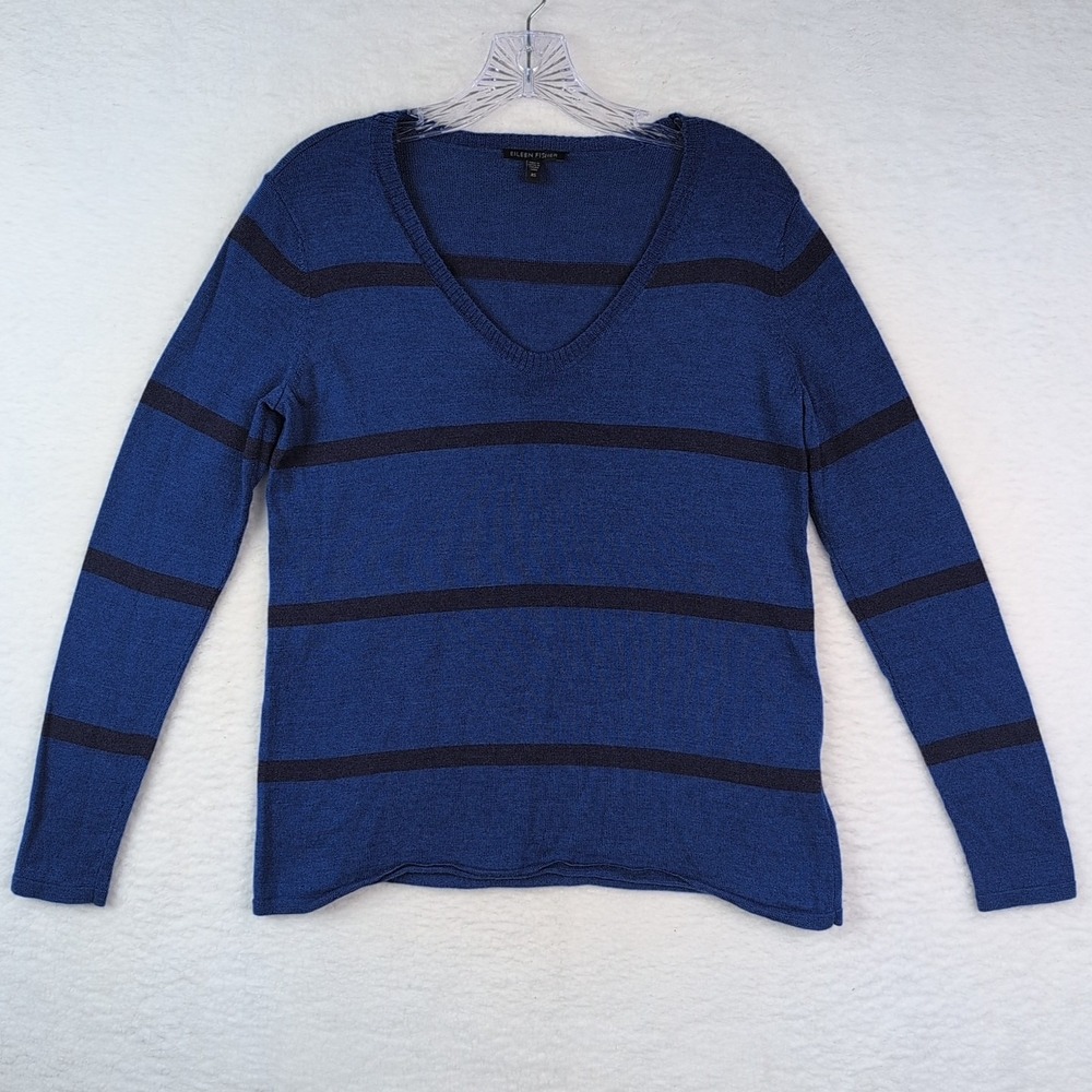 EILEEN FISHER Sweater XS Merino Wool V-Neck Striped Jumperโ Pullover Blue